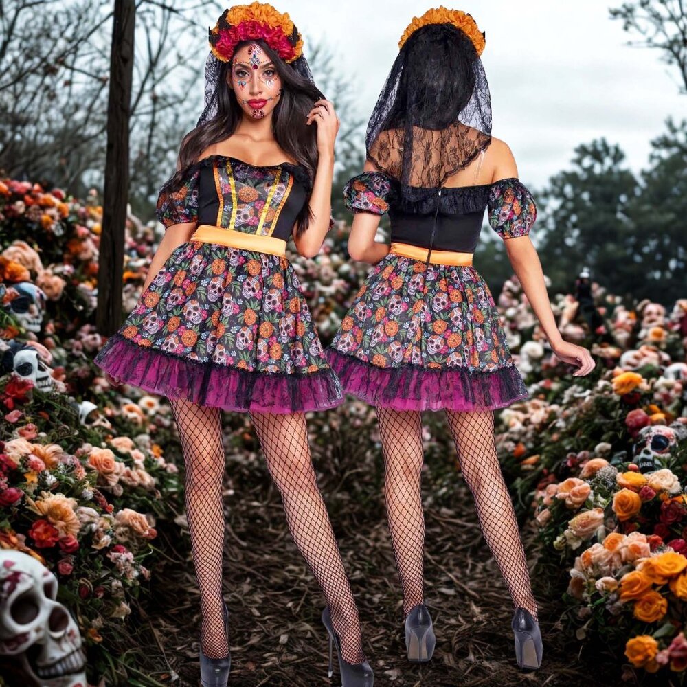 Sugar Skull 2Pc Costume Women Sizes S M L for  Dia da Muertos Day The Dead Dress